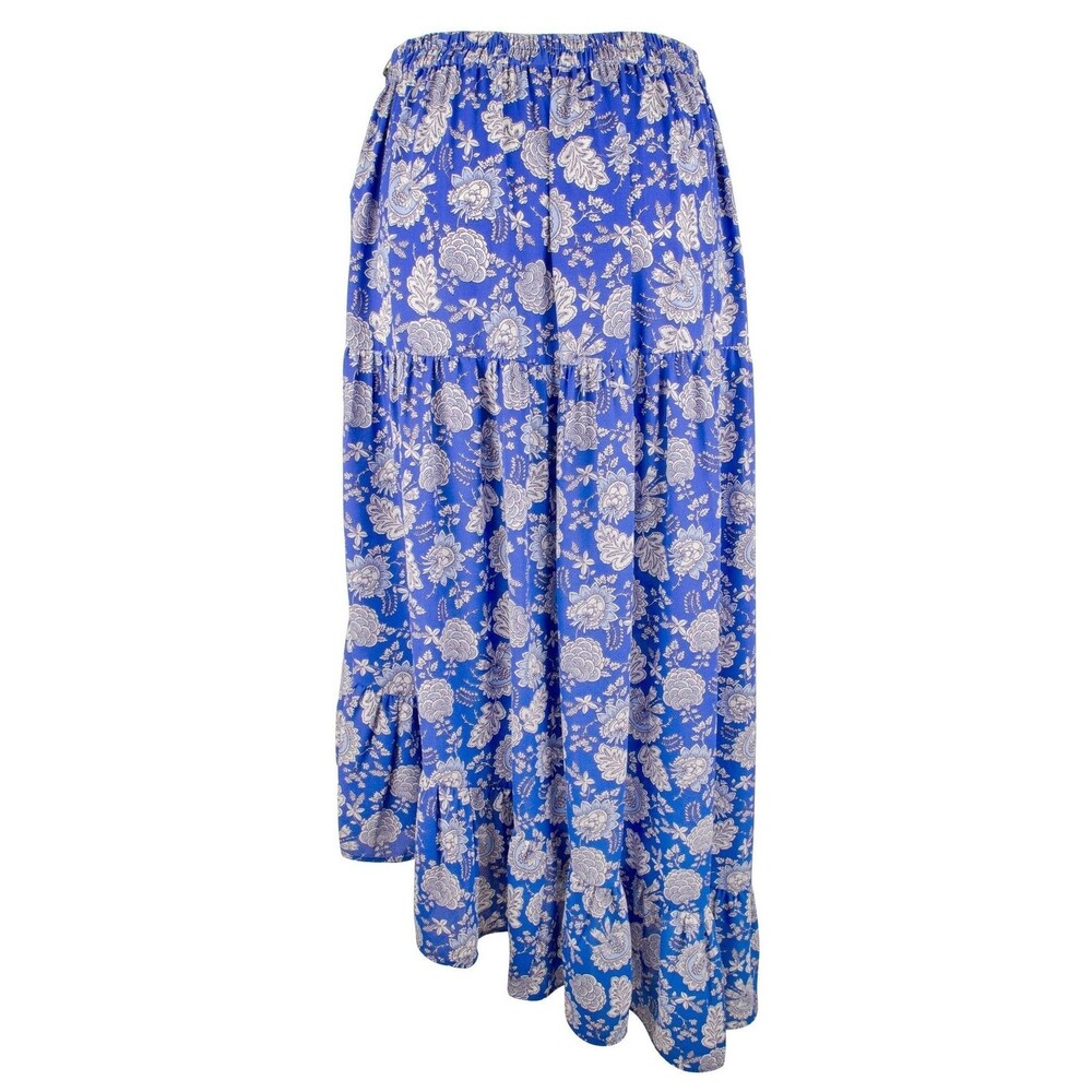 Vince Camuto Women's Plus Size Asymmetrical Paisley Tiered Maxi Skirt Blue